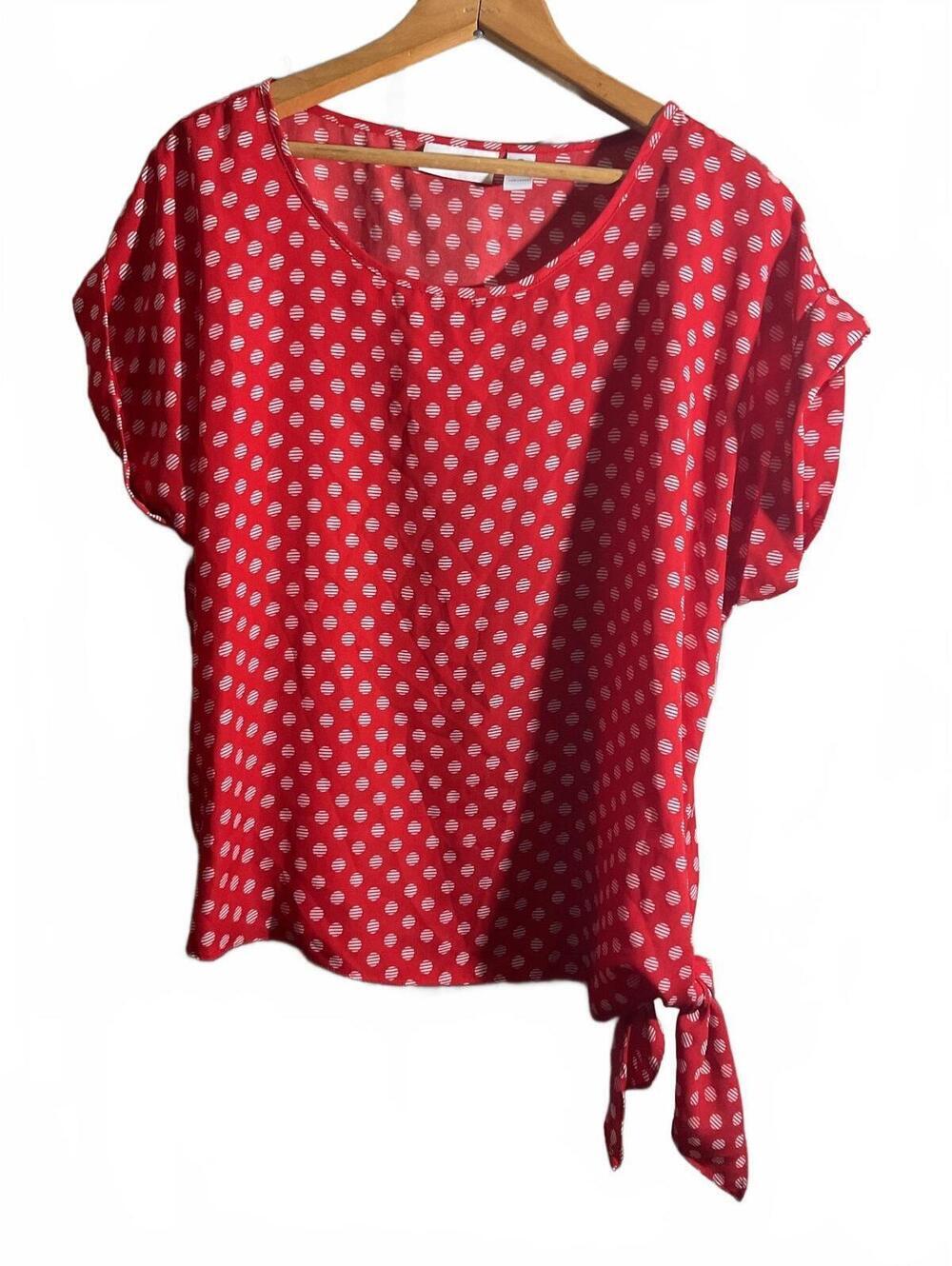 Chico's Red Polka Dot Tie-Hem Blouse Size 2 Large